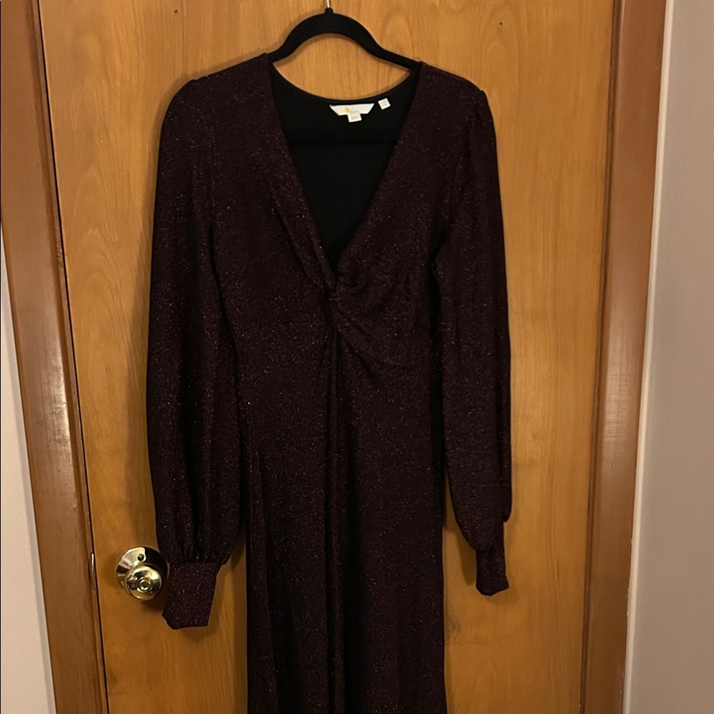 Boden Long-Sleeve Knot Front Sparkle Dress in Deep Wine